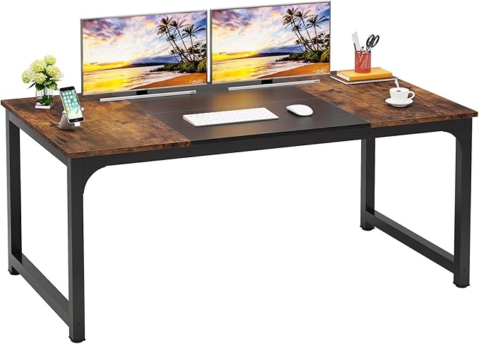 LITTLE TREE 70.8 Inch X-Large Executive Computer Office Desk, Brown+Black