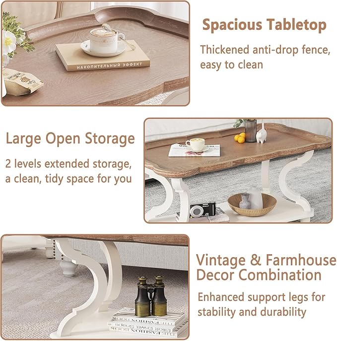 Function Home Farmhouse Coffee Table, Rustic White Cocktail Table with Storage Shelf, Sofa Table with Natural Tray Top and Carved Legs for Living Room Furniture Dining Room, Vintage White