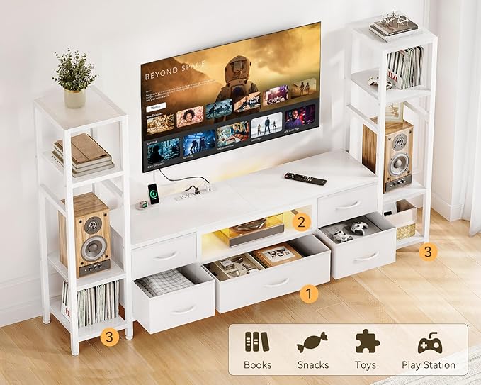Casaottima 71" TV Stands for 43, 50, 55 Inch TV Entertainment Center with LED Lights and Power Outlets, TV Stand for Living Room with 5 Fabric Drawers & Shelf, TV Console Cabinet for Bedroom, White