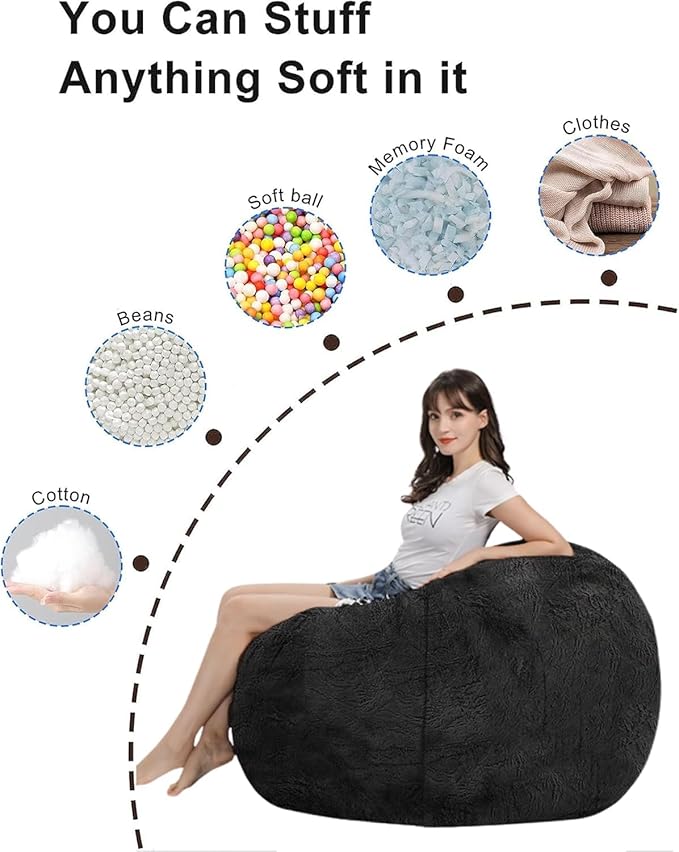 Bean Bag Chair for Adults Kids Without Filler Fluffy Comfy Giant Round Beanbag Sofa Chair Cover for Stuffed Animal Storage Living Room, 5FT, Dark Grey