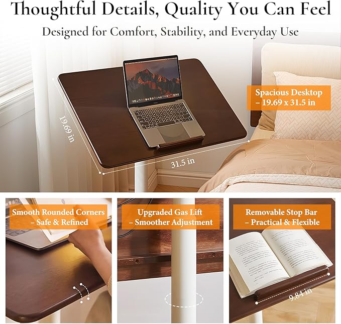 Adjustable Computer Desk, Solid Wood Folding Desk with Wheels, Mobile Home Office Laptop Table, Sit Stand Workstation, Rolling Desk, 28.35-42.52 H x 31.5 W x 19.69 D Inches, Walnut