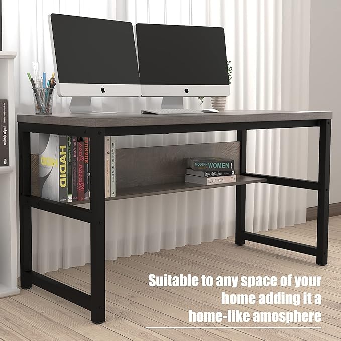 TOPSKY Computer Desk with Bookshelf/Metal Hole Cable Cover 1.18" Thick Desk (55", Espresso Gray)