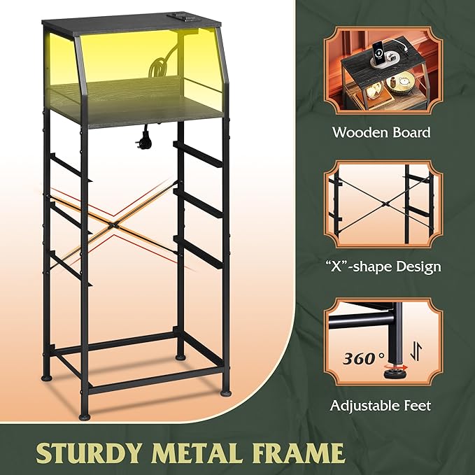 WLIVE Nightstand with Charging Station, Black Night Stand with LED Light, Tall 4 Drawer Dresser for Bedroom, 37" H Bedside Table with Fabric Storage Bins, Open Wood Shelf, Metal Frame