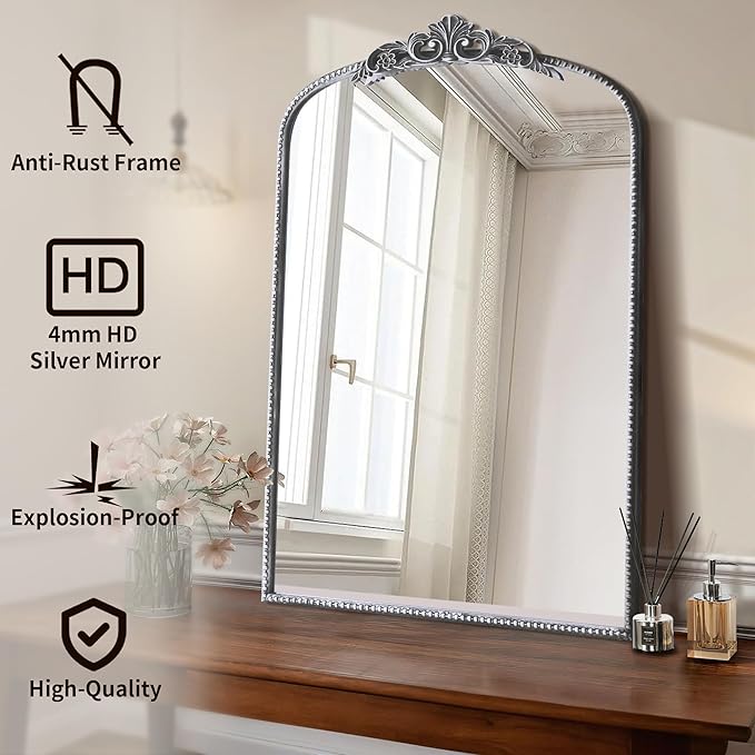 Micasso Arendahl Traditional Arch Mirror, 36" x 24" Silver French Style Arched Mirror for Countertop, Entryway, Fireplace and Living Room