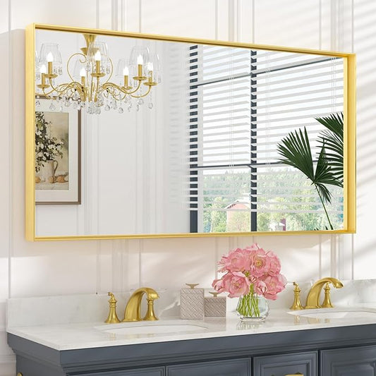 Keonjinn Gold Bathroom Vanity Mirror 55" x 30" Rectangle Large Wall Mirror Metal Framed Brushed Gold Rectangular Modern Farmhouse Mirrors for Over Sink(Horizontal/Vertical)