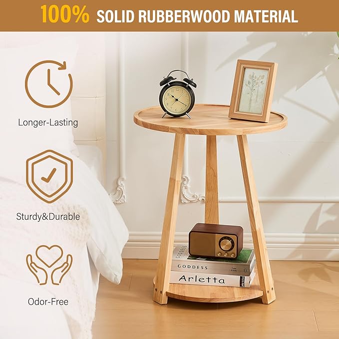 CozyDH Round End Table, Wooden Narrow/Little Coffee/Sofa/Couch SideTable with Lower Shelf for Living Room Bedroom, Solid Wood Bedside Nightstand, Natural