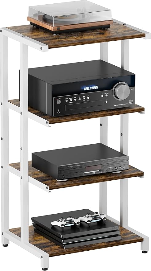 4-Tier Wooden Media Stand, AV Media Stand Corner Shelf for TV Accessories/Audiovisual Equipment/Optical Disc/PS4, Audio Storage Rack for Living Room, Gaming Room, Music Studio, White