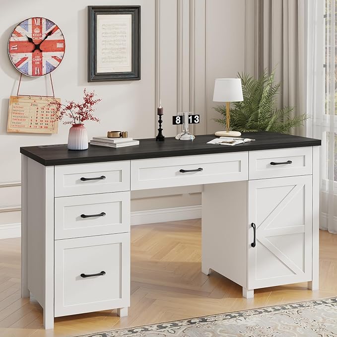 Farmhouse 61'' Executive Desk with 5 Drawers, Rustic Office Desk Computer Desk with Charging Station, File Drawers and Storage Cabinet, Wood Workstation for Home Office and Study.(Black Top)