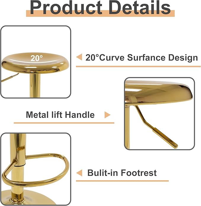 CAROLMADE Bar Stools Set of 2, Adjustable Metal Bar stools Swivel Counter Height Stool, Backless Barstools for Kitchen Island Pub, Gold