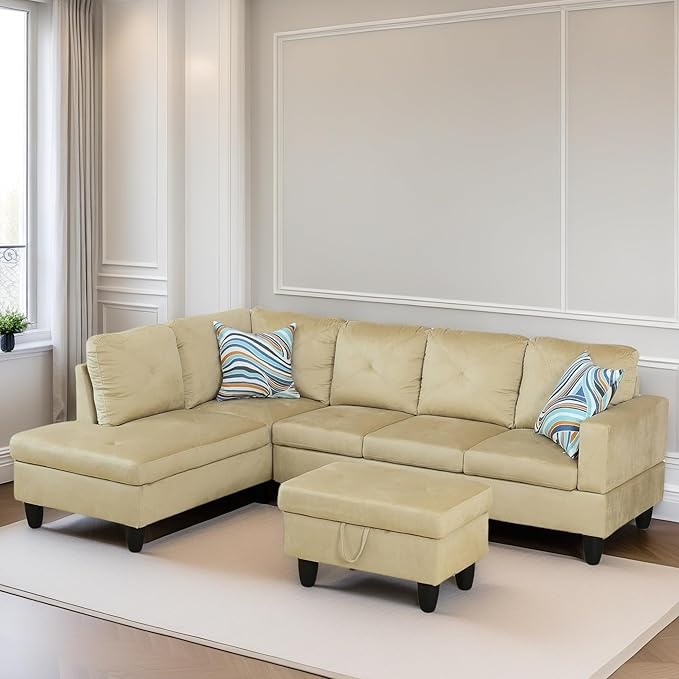 L Shaped Sectional Couch Sofa, Modern Couches for Living Room, Comfy 4 Seat Modular Sectional Sofa with Ottoman Storage for Bedroom Apartment, Beige