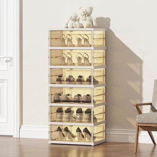 ELPHECO Foldable Shoe Rack 6 Tier Plastic Shoe Organizer, 12 Tiers Folding Shoe Cabinet with Doors, Entryway Shoe Shelf, Stackable Sneaker Cabinet Bins, Collapsible Clear Shoe Box, Easy Assembly