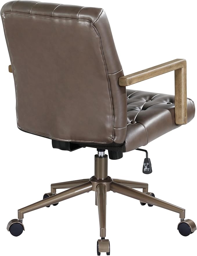 OSP Home Furnishings Waltham Adjustable Height and Tilt, Swivel Home Office Chair with Wood Arms, Chocolate Faux Leather