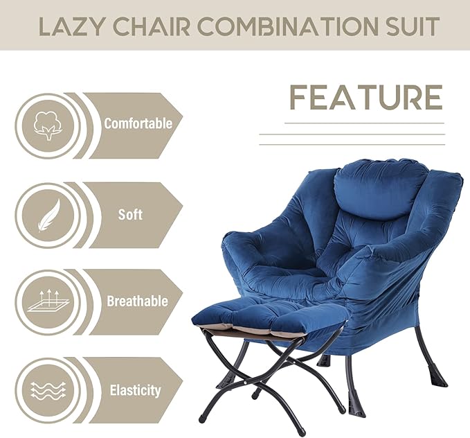 LITA Lazy Chair with Ottoman, Modern Accent Leisure Upholstered Sofa Chair, Contemporary Lounge Reading Chair with Armrests and a Side Pocket for Living Room, Bedroom & Small Space, Royal Blue