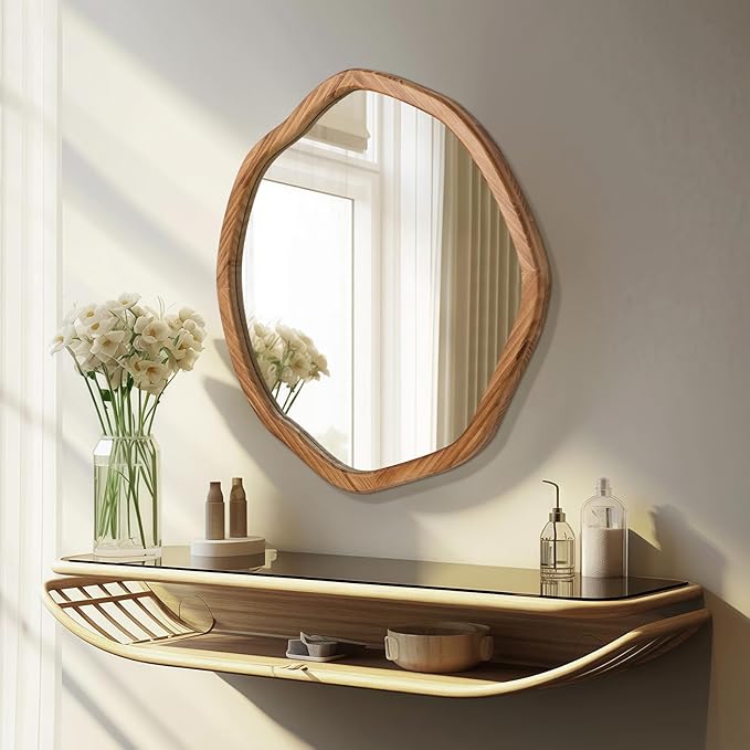 ULIKE Round Wood Mirror, 30 Inch Asymmetrical Circle Vanity Mirror with Wood Frame, Rustic Decorative Wall Mount for Bathroom Bedroom Living Room Entryway