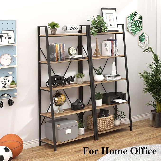 BON AUGURE Industrial 5 Tier Ladder Bookshelf, Wood and Metal Ladder Shelf Bookcase, Farmhouse Leaning Shelves for Living Room (Vintage Oak)