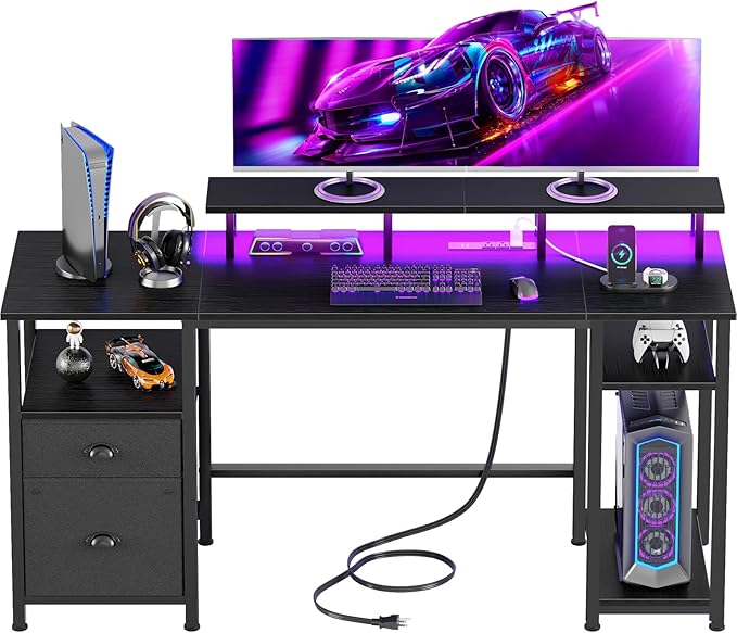 Furologee 61" Gaming Desk with Power Outlets & LED Lights, Reversible Computer Desk with File Cabinet & Monitor Stand for Home Office, Large Work Table with Storage Shelves & Drawer, Black