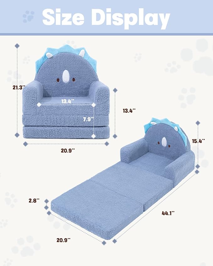MOONBEEKI 2-in-1 Foldable Toddler Couch, Soft Sherpa Fabric with Washable Cover, Convertible Sofa to Lounger, Kids Sofa for Playroom, Bedroom, Living Room, Birthday Gift, Ages 1-3, Blue Triceratops