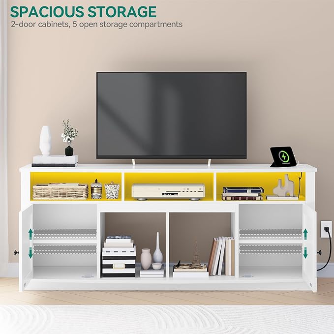 YITAHOME TV Stand for 75/80 Inch TV, White Entertainment Center 70 Inches Wide, Media Furniture TV Table with with Power Outlet, TV Consoles for Living Room, Curved Desktop