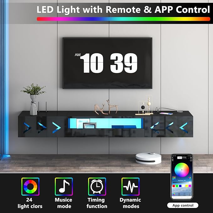 Floating TV Stand, 71" Floating Entertainment Center Wall Mounted,Floating Wall Mounted TV Shelf with Led Lights and Power Outlet,Modern High Gloss tv Cabinet Media Console with Storage