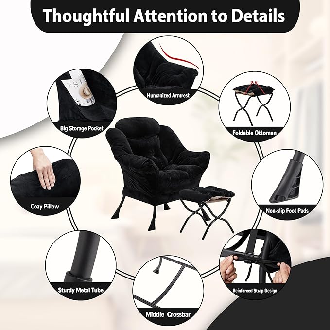 Lazy Chair with Folding Ottoman, Accent Chair Plush Upholstered with Metal Structure and Non-Slip Pads, Sofa Armchair with Footrest and Side Storage Bag for Dorm, Room, Office, Black