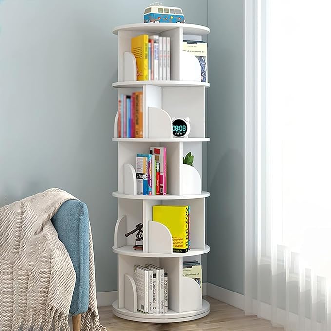 Nisorpa 5 Tier Rotating Bookshelf, 360° Revolving Bookcase Rotating Stackable Shelves Floor-Standing Storage Display Rack Used in Bedrooms Living Rooms Study Office (63"x18"x18")