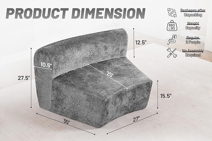 Homguava Modular Sectional Sofa, Memory Foam Couch Single Sofa Chair with Deep Seat, Modern Upholstered Sofa Couches for Living Room Apartment Office, No Assembly Required, Grey