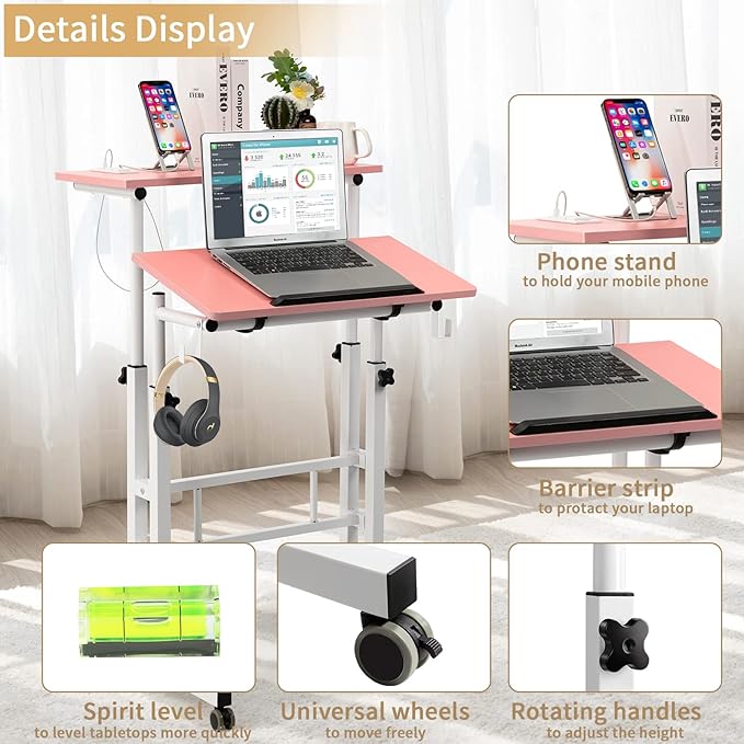 Hadulcet Mobile Standing Desk with Charging Station, Adjustable Standing Computer Desk, Standing Adjustable Laptop Cart with Wheels for Home Office Classroom, Pink