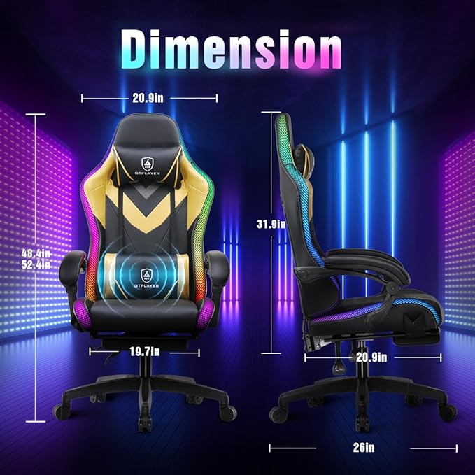 GTPLAYER Gaming Chair, RGB Gaming Chairs with LED Lights, Video Gaming Chair for Adults, Ergonomic Computer Gaming Chair with Linkage Armrest, Reclining Chair with Headrest (with Massage, Yellow)