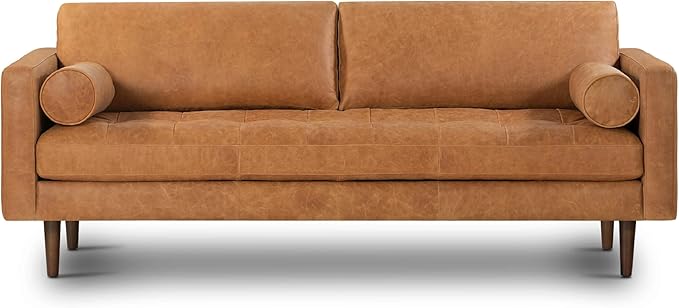 Poly & Bark Napa Leather Couch - 88.5-Inch Office Sofa with 2 Bolsters - Full-Grain Leather Sofa for Living Room with Feather-Down Topper - Living Room Couch - Vintage Italian Leather in Cognac Tan