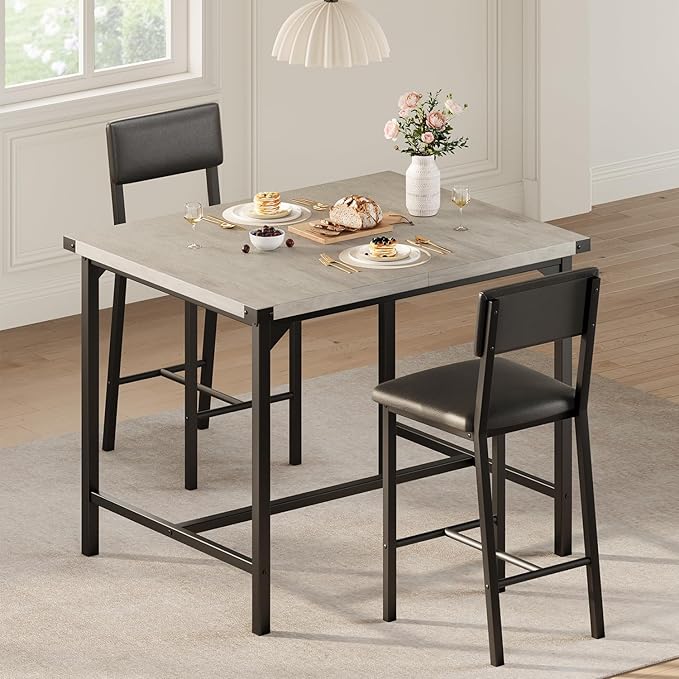 IDEALHOUSE Dining Table Set for 2 w/Counter Height Table & 2 Upholstered Bar Stools, 3-Piece Kitchen Table Set with Footrest & Corner Protector, for Kitchen Room, Apartment, Pub