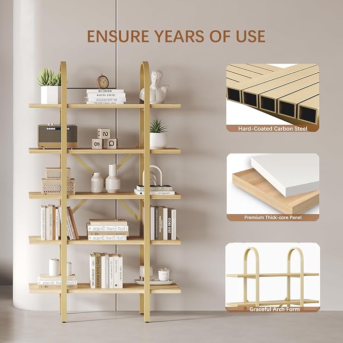 Wide Bookshelf Arched Bookcase, Industrial 5 Tier 72" Tall Freestanding Heavy Duty Display Rack for Home Office, Living Room,Nature Wood & Gold,Easy Assembly
