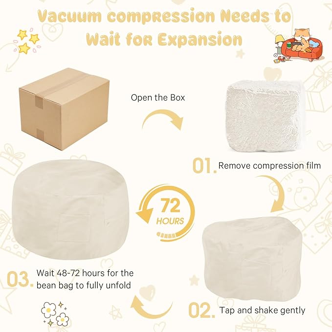 Kids Bean Bag Chair Bed - Convertible Lazy Chair to Floor Mattress with Filler - Small Beanbag Chair for Boys and Girls - Floor Couch Sofa in Bedroom, Classroom, Reading Nook - Beige