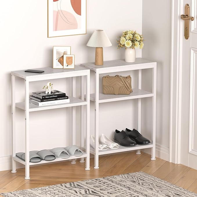 Narrow Side Table for Small Space, 3-Tier Small End Table with Shelf Holder, Slim Nightstand, Skinny Snack Couch Table in Living Room, Bedroom, Study, Kitchen and Balcony (White)