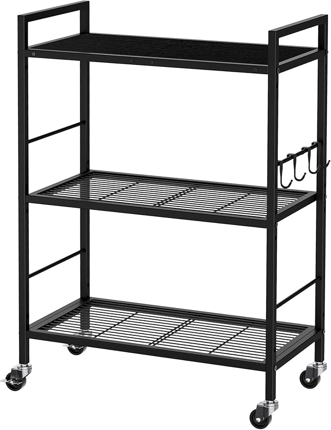 3-Tier Metal Storage Rack with Industrial Wheels,Mesh Shelving Unit with Wooden Table top,Adjustable Shelf,23.6-Inch Width,for Kitchen,Laundry,Pantry,Plant,Black panel and black frame