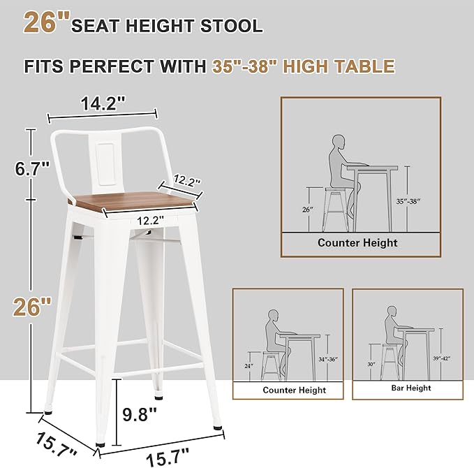 26 Inch Swivel Bar Stools Set of 4 with Backs Counter Height Industrial Metal Barstools Island Bar Chairs for Home Kitchen Dining Room (Swivel 26 inch, White Wooden)