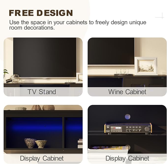 4-Piece Wall Unit TV Stand with Storage & LED Lights for TVs up to 75", Modern Entertainment Center with Bookshelves & 8-Door Pantry Cabinet, White Black