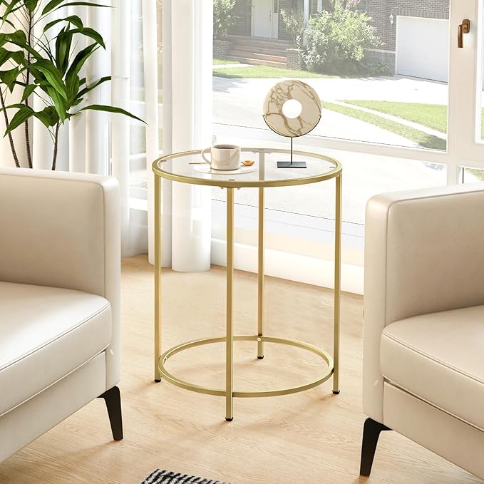 19.7’’ Round Glass End Table, Round Bedside Table with Tempered Glass Top, Gold Glass Side Table with Metal Frame, Modern Round End Table for Living Room Balcony Bedroom Porch Patio