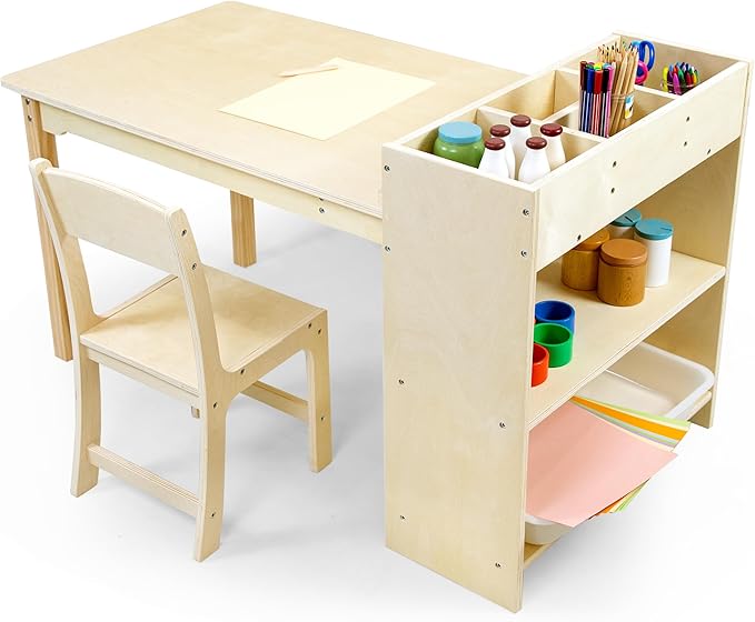 Kids Art Table and Chair Set, Birch Wooden Activity Craft Table, Kids Drawing Table, Toddler Desk with Storage and 1 Chair