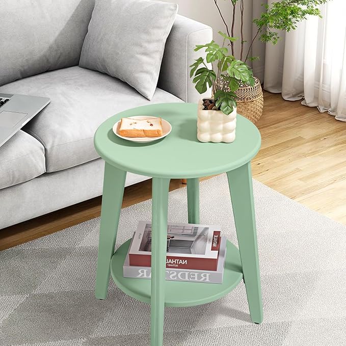 Round Side Table Green Wooden End Table with Lower Shelf Rustic Vintage Nightstand Beside Table for Living Room Bedroom Small Spaces