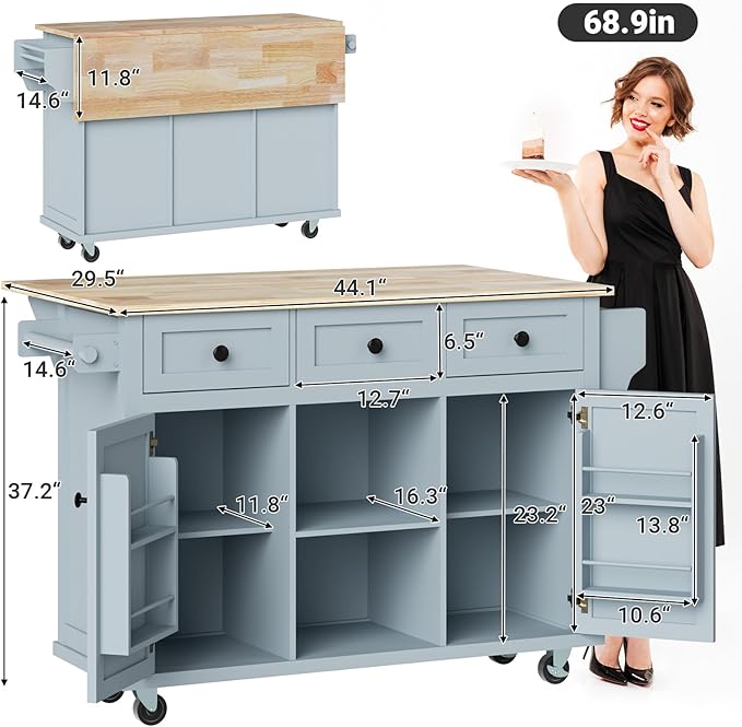 Rovibek Kitchen Island with Drawers 53 in Rolling Island Cart Mobile Portable Islands on Wheels Solid Wood Island with Storage Cabinet & Drawers, Blue
