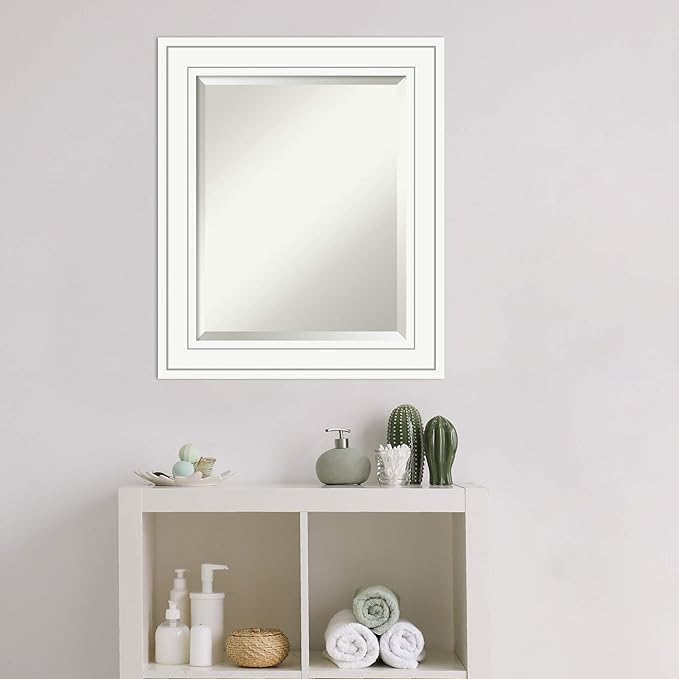 Amanti Art White Bathroom Mirror for Over Sink, 25x21 Craftsman White Rectangle Vanity Mirror, Small Casual Wood Frame, Hangs Horizonally and Vertically, Bathroom Wall Decor, Beveled Edge from WI, USA
