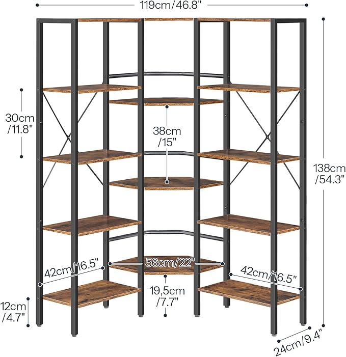 HOOBRO Industrial Corner Bookshelf, 5-Tier L-Shaped Bookcase, Open Display Storage Rack, Floor Standing Storage Shelf, for Living Room, Bedroom, Home Office, Rustic Brown and Black BF68SJ01