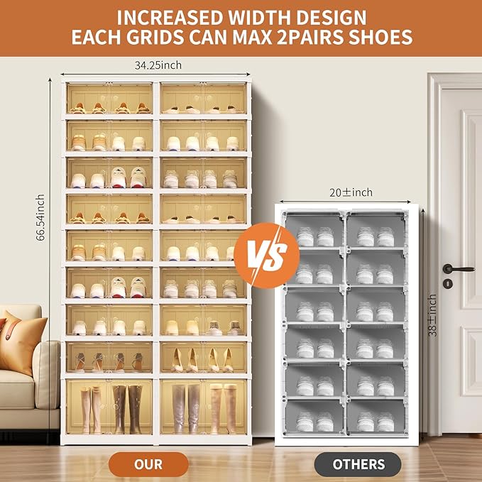 Foldable 9-Tier Shoe Rack Organizer for 18-36 Pairs - Collapsible Clear Plastic Shelf for Closet, Entrance or Front Door - Tall Stackable Folding Shoes Storage Boxes cabinet