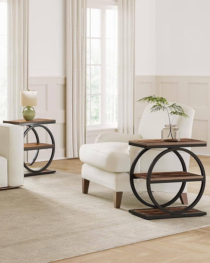 LITTLE TREE End Table Set 2, Side Table with 3 Tiers Shelves, Slim Sofa Side Table for Living Room, Tall Bedside Table Nightstand for Bedroom, Rustic Brown and Black