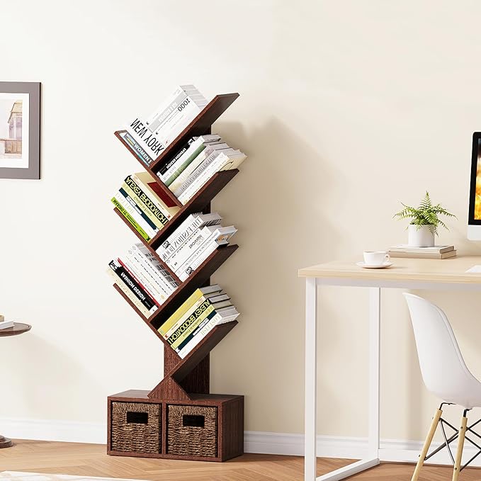 Vagusicc Tree Bookshelf, 6 Tier Bookshelf with Storage, Tall Narrow Bookcase, Rustic Wood Book Storage Rack for CDs/Books, Small Book Organizer Shelves for Bedroom Living Room, Home Office, Brown