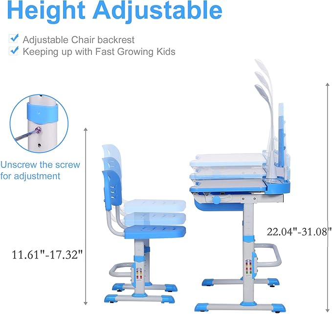 Kids Desk and Chair Set, Height Adjustable Child's School Study Writing Tables with Tilt Desktop, LED Light, Storage Drawer, Book Stand (Blue)