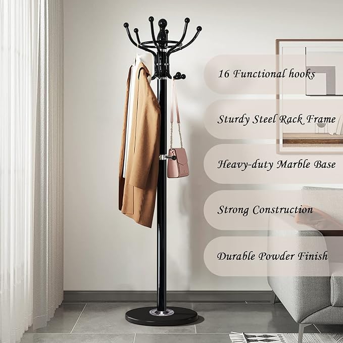 Kertnic Freestanding Coat Rack with 16 Hooks & Marble Base - Heavy Duty Metal Hall Tree Stand for Entryway, Hats, Coats, Bags Rack- Modern Hanger Organizer for Home, Office, Dorm (16 hooks -Black)