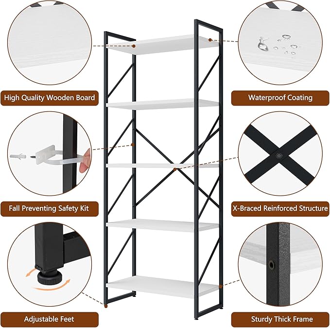 Shintenchi 5 Tiers Bookshelf, Classically Tall Bookcase Shelf,Industrial Book Rack,Modern Book Holder in Bedroom/Living Room/Office, Storage Rack Shelves for Books/Movies,11.8" Dx23.6 Wx62.2 H,White