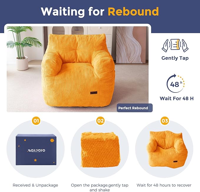 MAXYOYO Bean Bag Chair, Tufted Bean Bag Couch Lazy Chair, Living Room Sofa Couch with Filler for Adult Teens Kids, Corded Fabric Accent Sofa for Bedroom Dorm, Orange