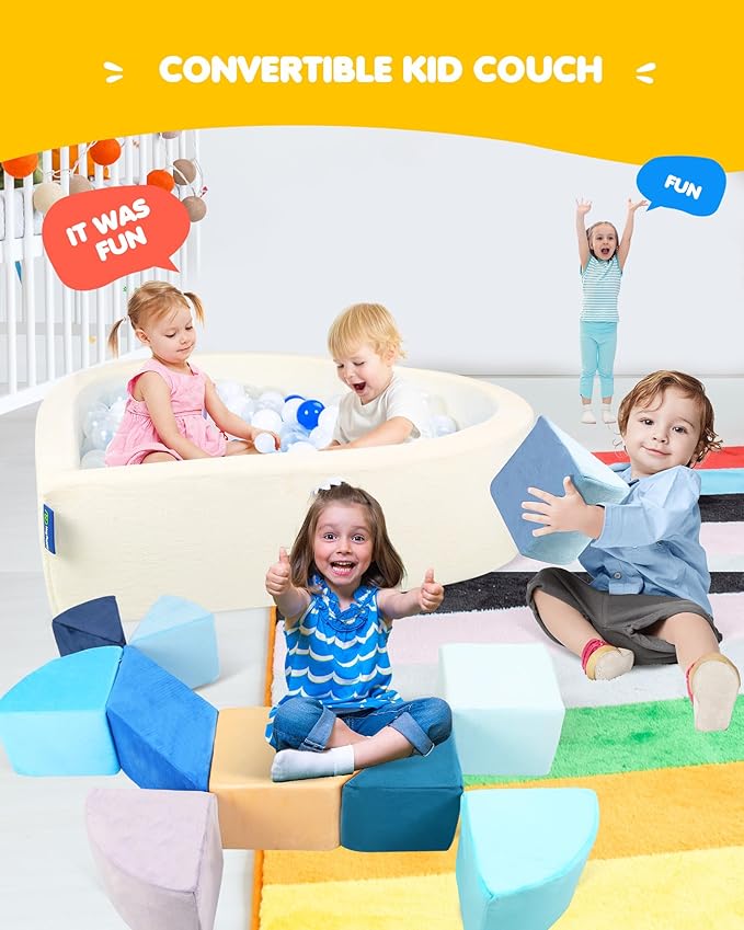 Kids Play Couch, 2-in-1 Heart-Shape Kids Plays Sofa with Unique Ball Pit(no Balls Included), Tangram Puzzle Play Couch for Playroom, Modular Play Sofa for Inspiring Creativity, Ocean